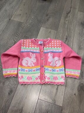 Kids Studio Pink Bunny Knit Cardigan with Multicolor Trim